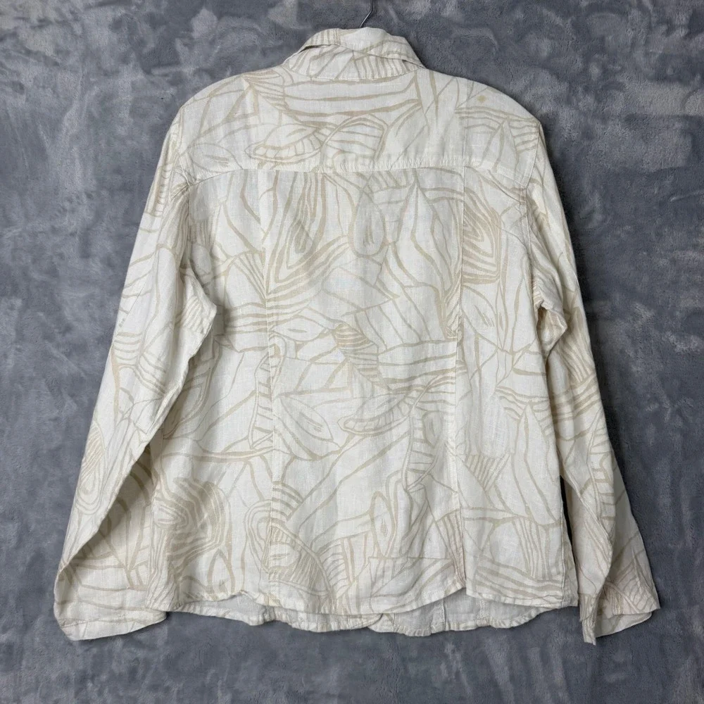 Chico's 100% Linen Trucker Jacket Shacket Womens L‎ White Beige Printed Boho